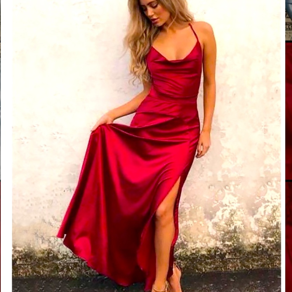 Red Satin Cowlneck Prom Dress